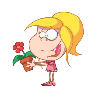 Girl holding red flower pot listed in characters decals.