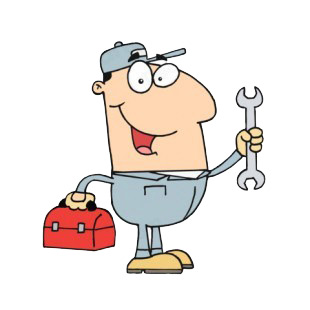 Smiling repairman holding wrench and toolbox  listed in characters decals.