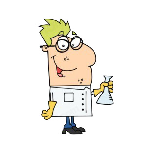Scientist with eyeglasses holding flask  listed in characters decals.