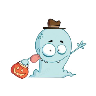 Blue ghost with brown hat trick or treating  listed in characters decals.