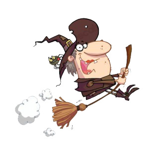 Witch with spider on her hat riding broom  listed in characters decals.