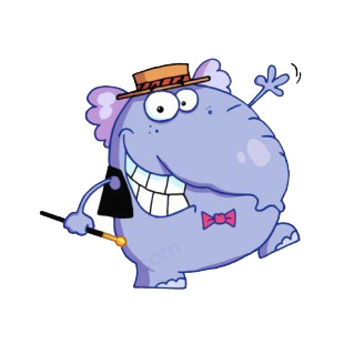 Purple elephant with hat and cane dancing listed in characters decals.