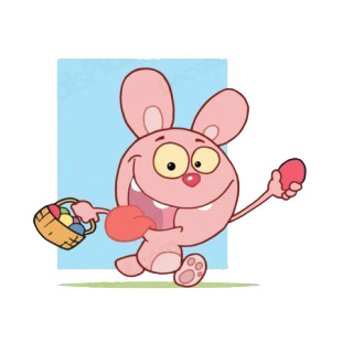 Pink rabbit running with easter egg basket blue backround listed in characters decals.