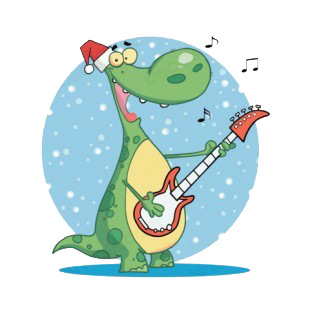 Dinosaur with santa hat playing guitar blue backround listed in characters decals.