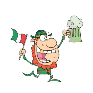 Leprechaun holding irish flag and beer mug listed in characters decals.