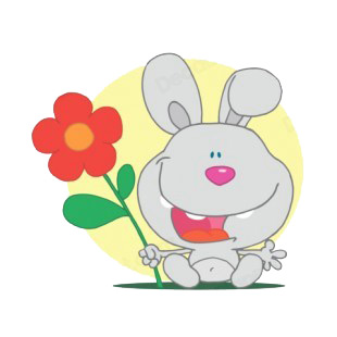 Grey bunny holding red flower yellow backround listed in characters decals.