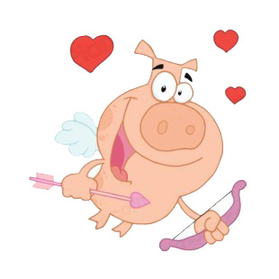 Cupid pig flying with bow and arrow with hearts around listed in characters decals.
