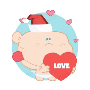 Cupid with santa hat holding heart with love writing listed in characters decals.