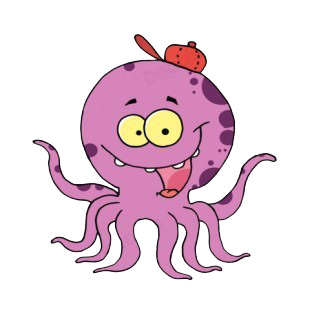 Purple octopuss with red hat smiling listed in characters decals.
