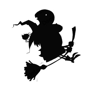 Witch with spider on her hat riding broom silhouette listed in characters decals.