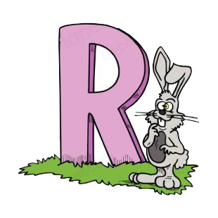 Alphabet pink letter R grey rabbit with weird face listed in letters and numbers decals.