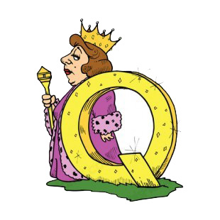 Alphabet yellow letter Q queen with purple dress listed in letters and numbers decals.
