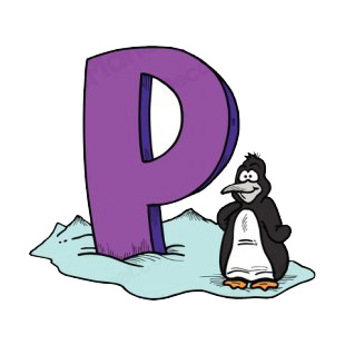 Alphabet purple letter P penguin smiling  listed in letters and numbers decals.