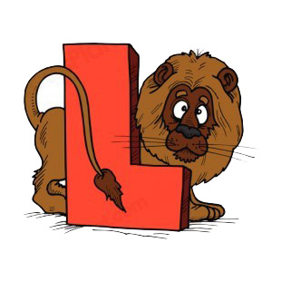 Alphabet red letter L brown lion with shy face listed in letters and numbers decals.