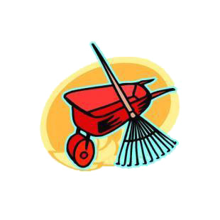 Rake on a wheelbarrow listed in agriculture decals.