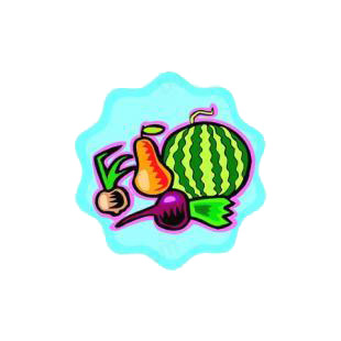 Fruits and vegetables listed in agriculture decals.