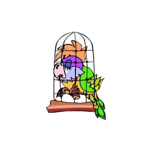 Parrot in a cage crying listed in cartoon decals.