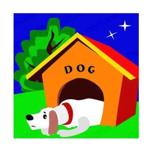Sad dog sleeping in dog house at night listed in dogs decals.