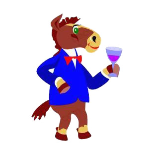 Horse with blue tuxedo drinking wine listed in horse decals.