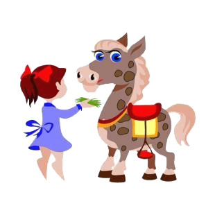 Girl giving food to horse listed in horse decals.