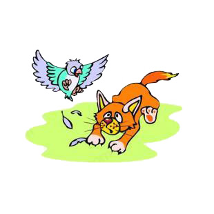 Cat trying to catch bird listed in cartoon decals.