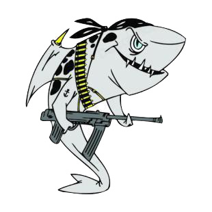 Shark with gun and ammo listed in fish decals.