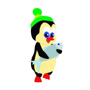 Penguin with green toque holding fish listed in penguins decals.