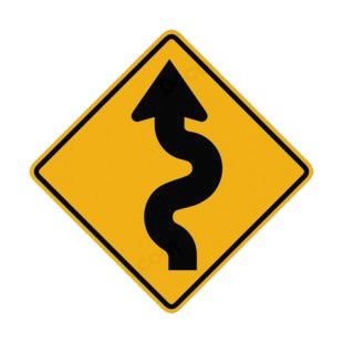Left winding road warning sign listed in road signs decals.