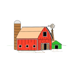 Red and green barns with silo listed in agriculture decals.