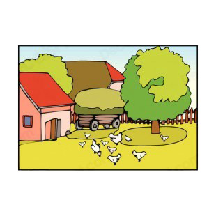 Farm with chickens eating listed in agriculture decals.