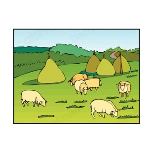 Haystacks with sheeps eating listed in agriculture decals.