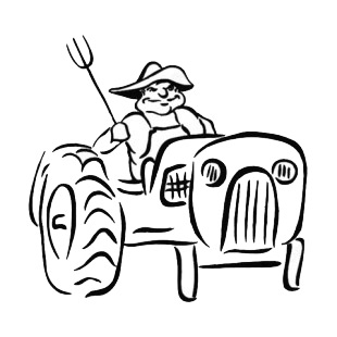 Farmer with fork driving tractor listed in agriculture decals.