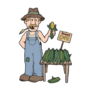 Farmer selling sweet corn listed in agriculture decals.