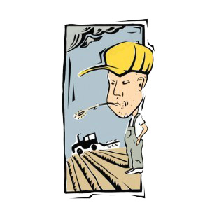 Farmer with yellow hat spitting listed in agriculture decals.