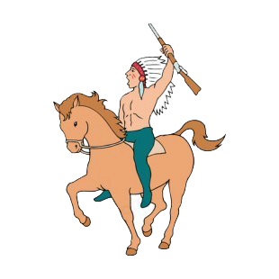 Native American on horse holding gun calling listed in symbols and history decals.