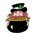 Leprechaun holding black pot of gold, decals stickers