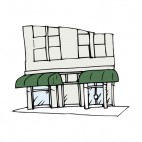 Office building with green awning, decals stickers
