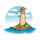 Lighthouse with trees and rocks next to water, decals stickers