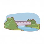 Blue covered bridge with river under and bushes around, decals stickers