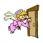 Angel in pink dress knocking at door, decals stickers