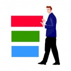 Men in blue suit with chart, decals stickers