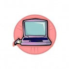 Pink laptop with open disc tray, decals stickers