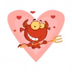 Happy little devil with pitchfork with hearts around, decals stickers