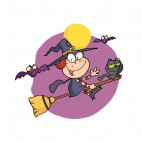 Little witch flying on broom with cat & bats, decals stickers