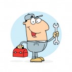 Smiling repairman holding wrench and toolbox , decals stickers