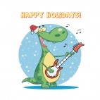 Happy Holidays dinosaur with santa hat playing guitar , decals stickers