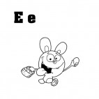 Alphabet E easter bunny running with easter egg basket, decals stickers