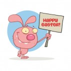 Pink easter rabbit holding happy easter sign, decals stickers