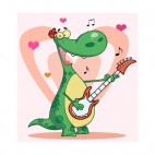Green dinosaur playing guitar with heart backround, decals stickers