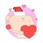 Cupid with santa hat holding heart with hearts around, decals stickers